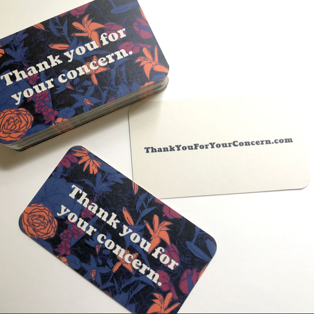 Printed call-to-action card for protesters and critics