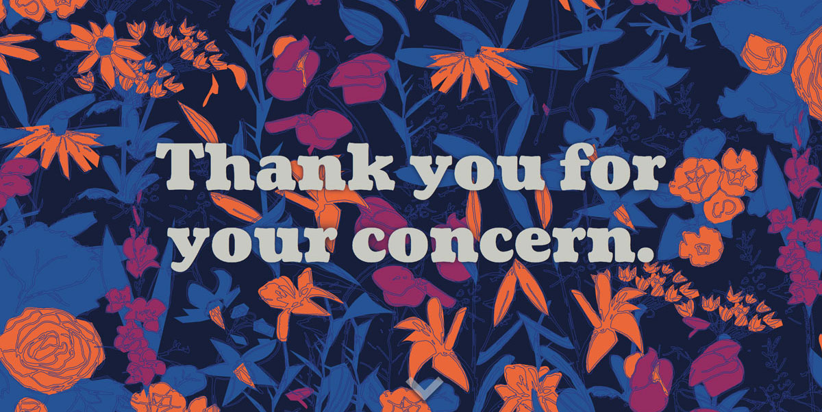 Screenshot of homepage, Thank you for your concern